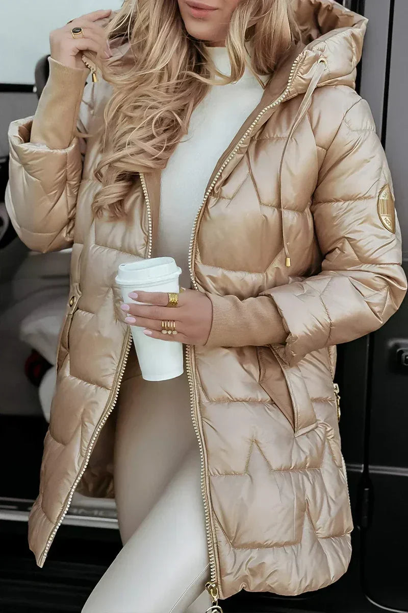 Hilary Hooded Quilted Winter Coat in Beige