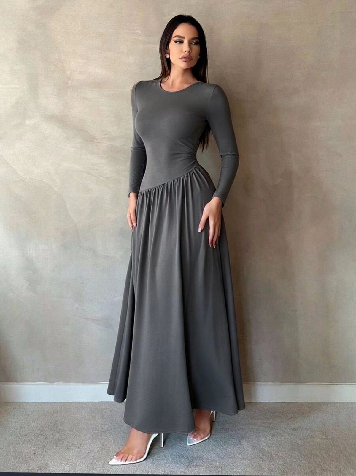 Nicola Gathered Waist Long Sleeve Knit Maxi Dress