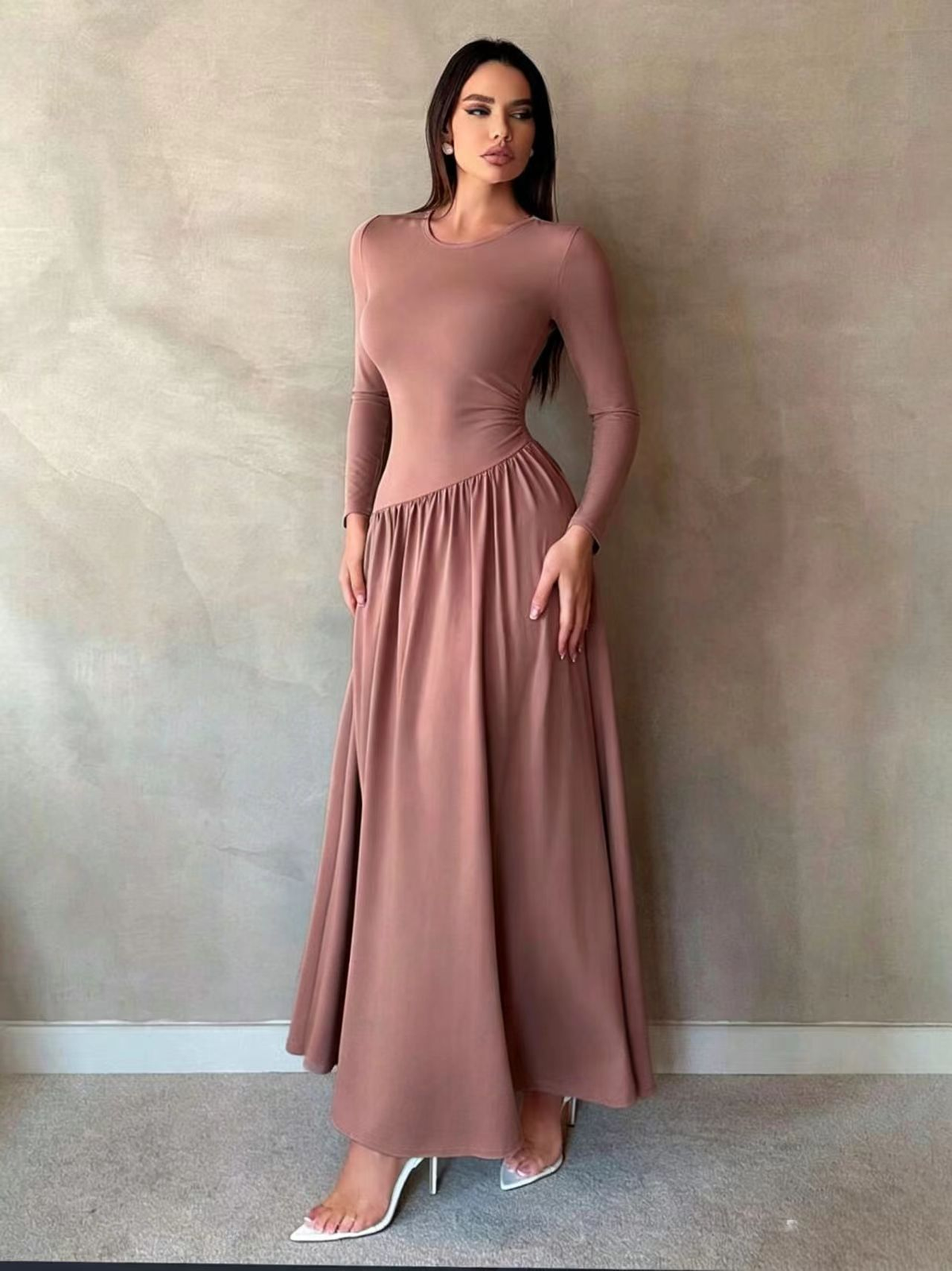 Nicola Gathered Waist Long Sleeve Knit Maxi Dress