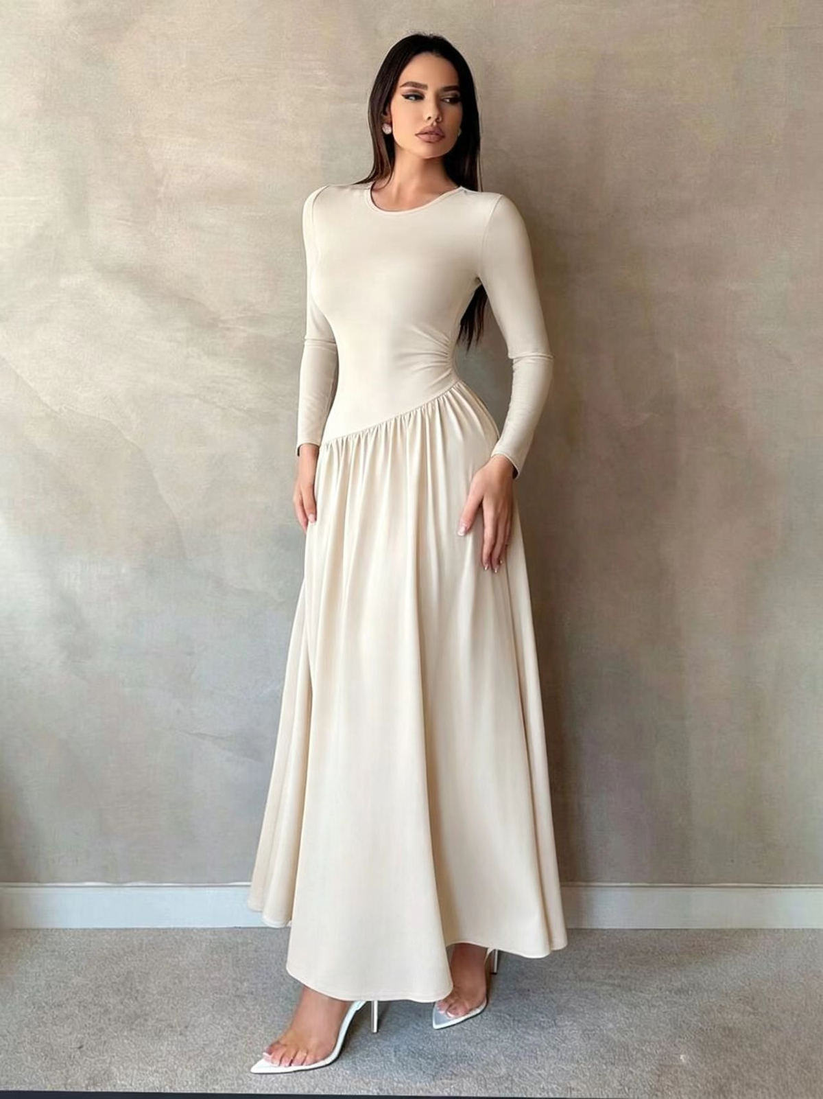 Nicola Gathered Waist Long Sleeve Knit Maxi Dress