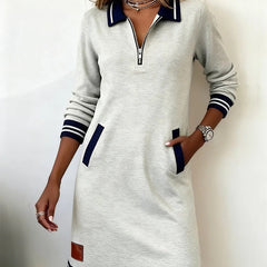 Beverley Zip Collar Contrast Trim Dress in Grey