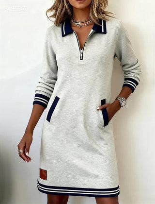 Beverley Zip Collar Contrast Trim Dress in Grey