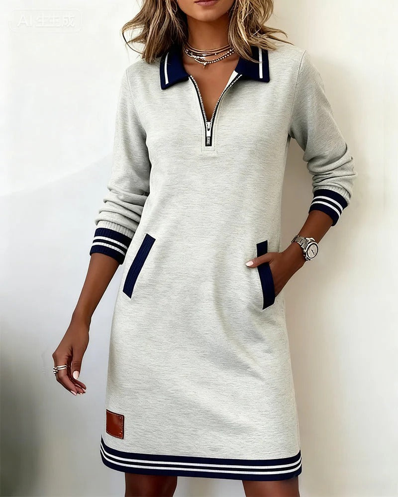 Beverley Zip Collar Contrast Trim Dress in Grey