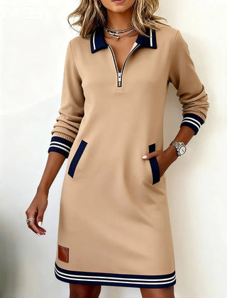Beverley Zip Collar Contrast Trim Dress in Beige