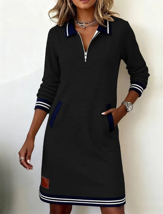 Beverley Zip Collar Contrast Trim Dress in Black