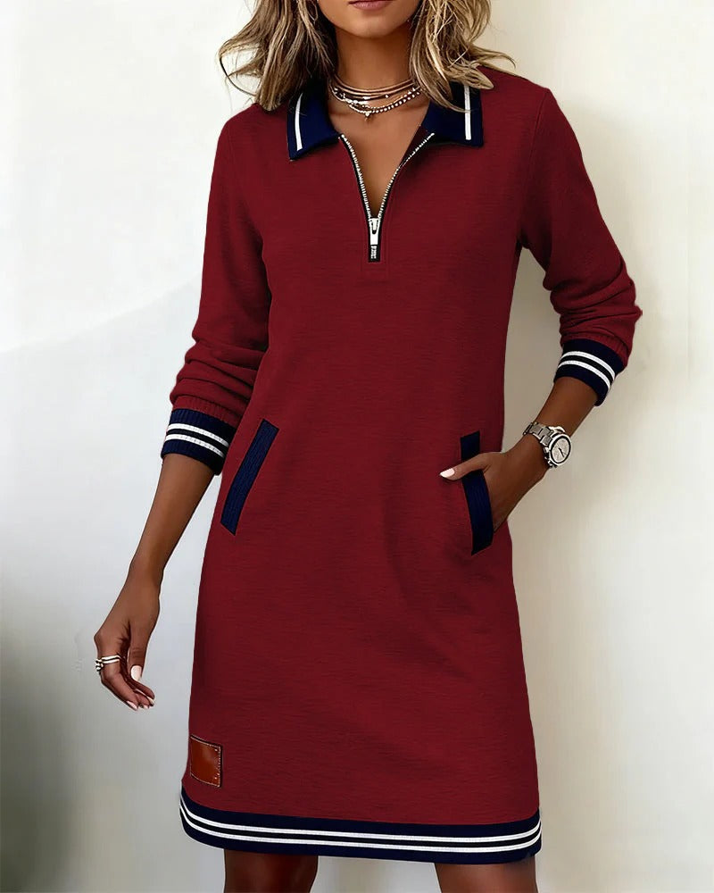 Beverley Zip Collar Contrast Trim Dress in Red