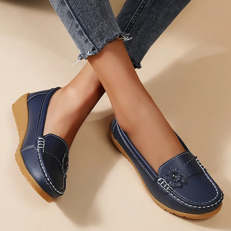 Joyce Flower Detail Comfort Loafers in Navy worn