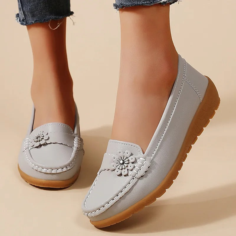 Joyce Flower Detail Comfort Loafers in Light Grey
