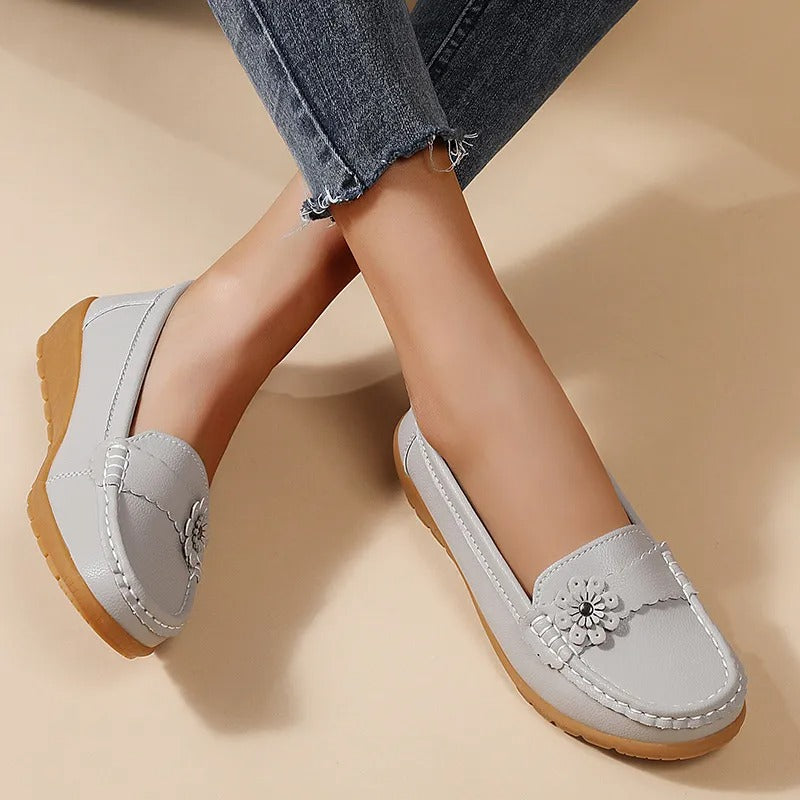 Joyce Flower Detail Comfort Loafers in Light Grey worn