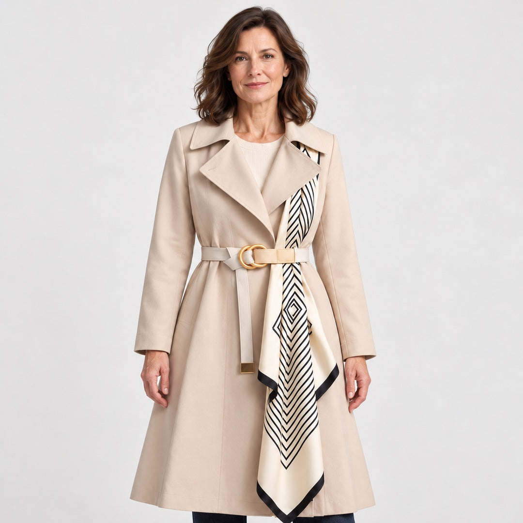 The Ingrid Long Belted Trench Coat with Scarf close-up of the fabric