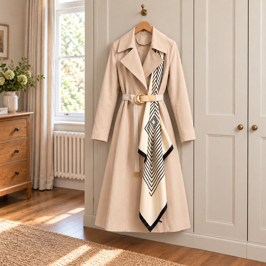 The Ingrid Long Belted Trench Coat with Scarf on a hanger