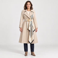 The Ingrid Long Belted Trench Coat with Scarf in the studio