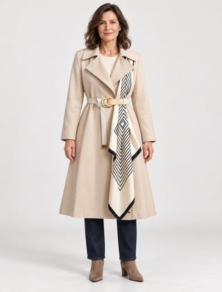 The Ingrid Long Belted Trench Coat with Scarf in the studio