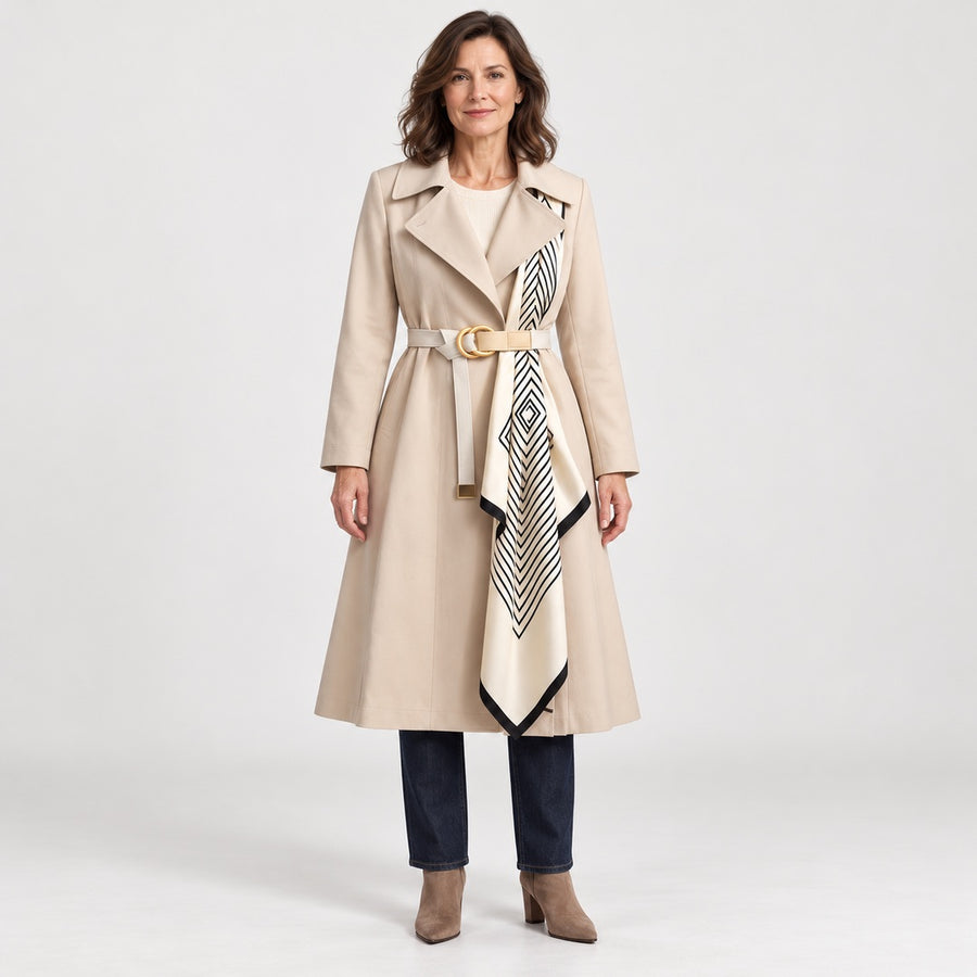 The Ingrid Long Belted Trench Coat with Scarf in the studio
