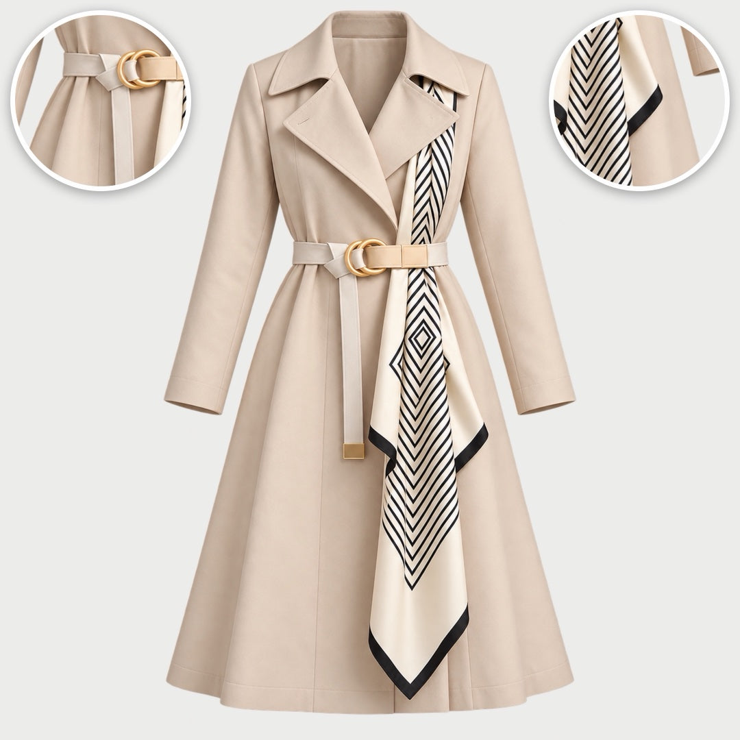 The Ingrid Long Belted Trench Coat with Scarf with close-ups of the details