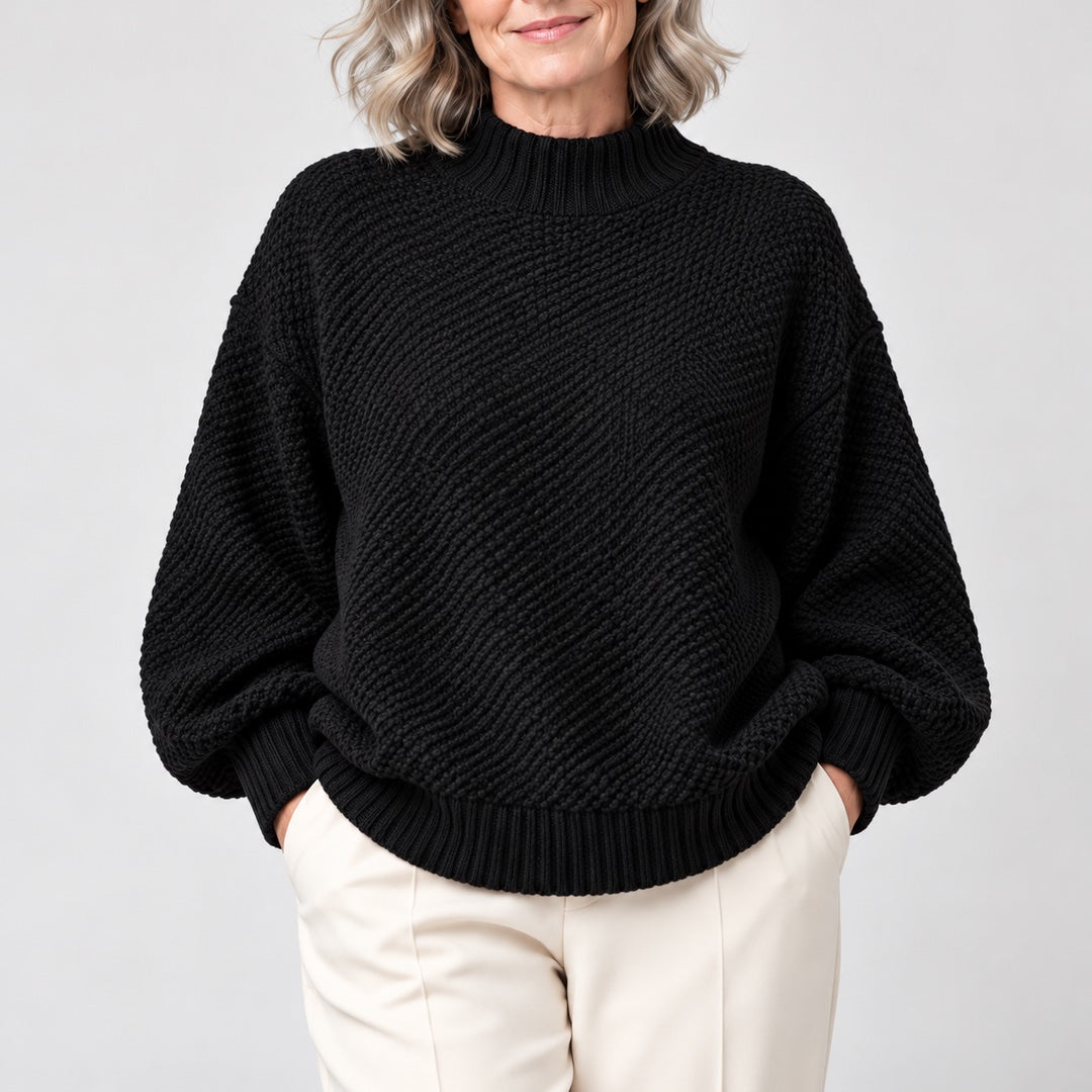 Close-up of the Irene Textured Mock Neck Knit Jumper in Black