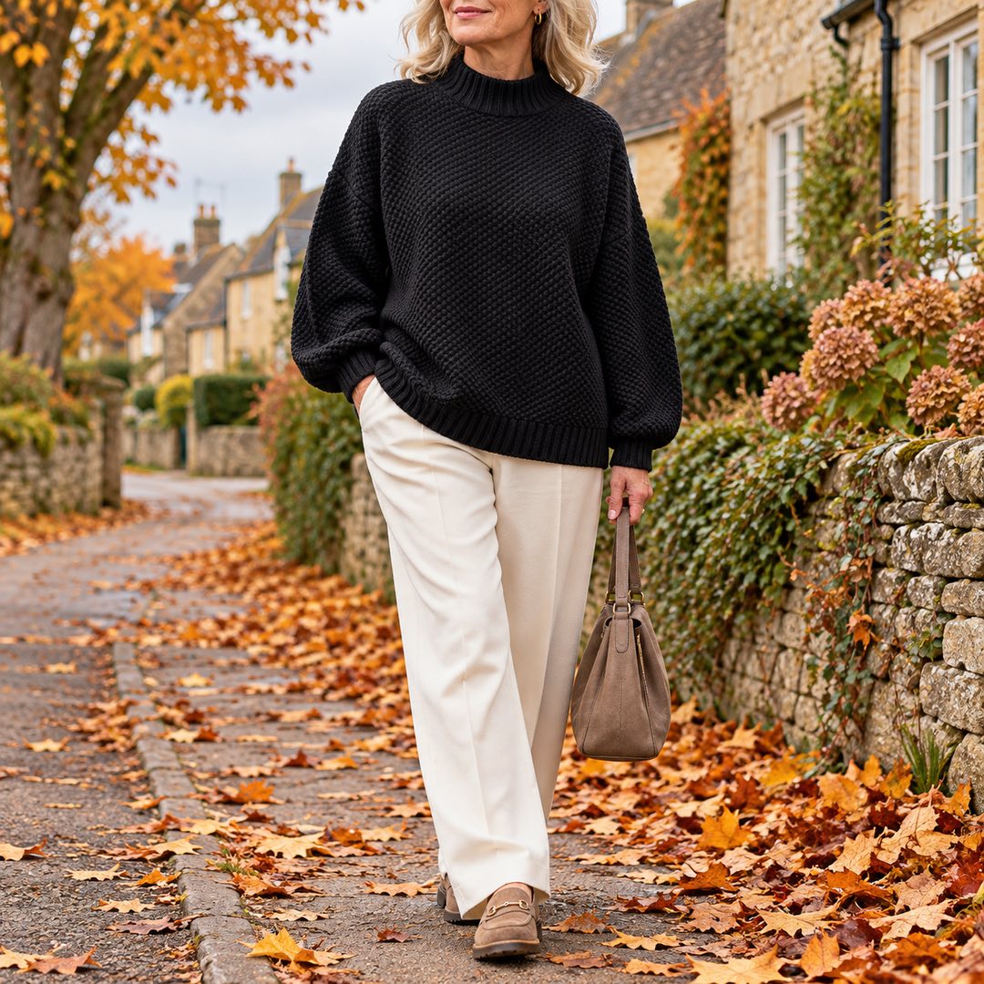 A woman wearing the Irene Textured Mock Neck Knit Jumper in Black
