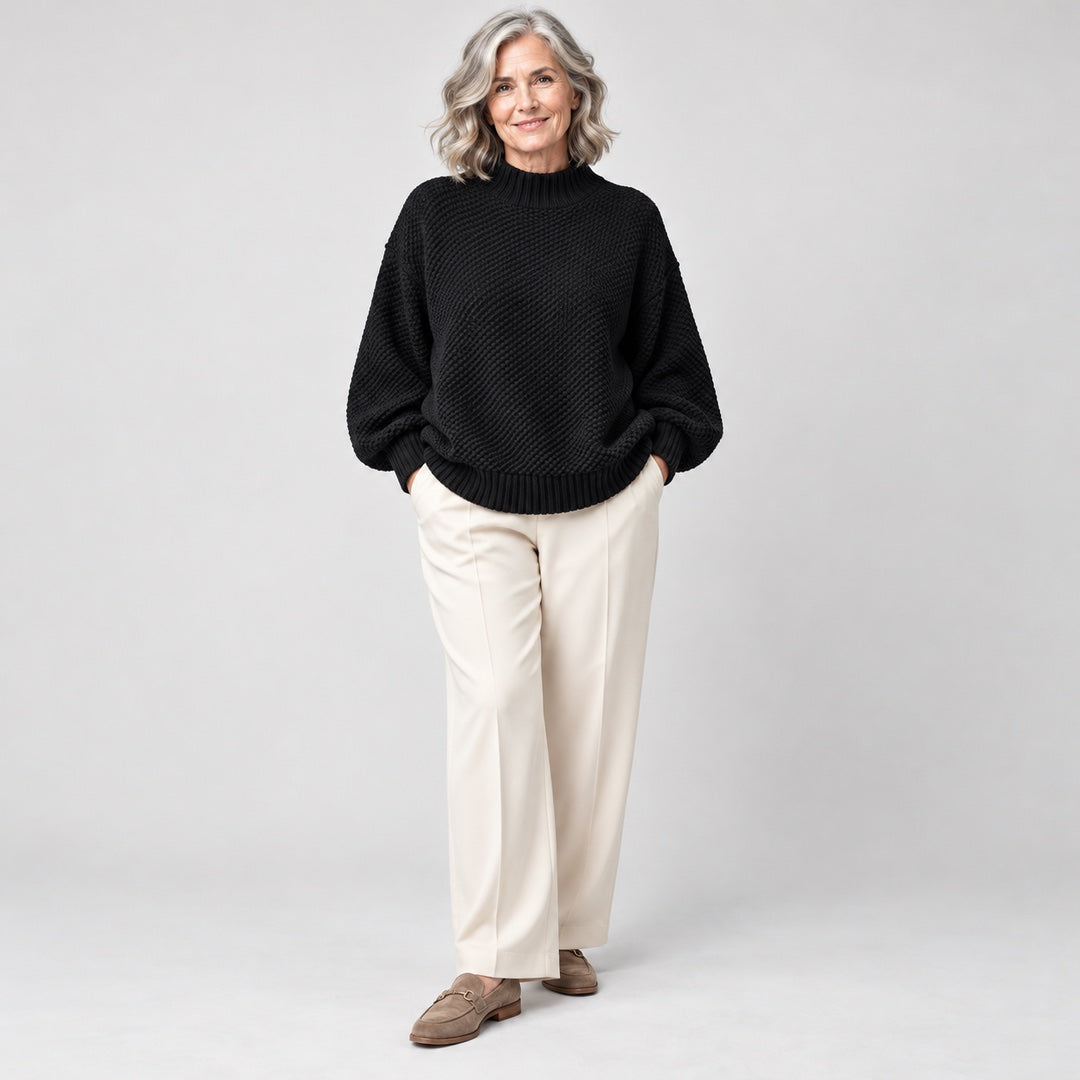 The Irene Textured Mock Neck Knit Jumper in Black