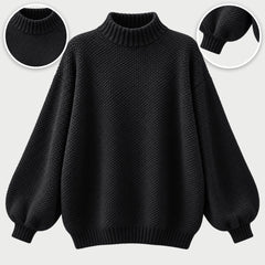 The Irene Textured Mock Neck Knit Jumper in Black, with close-ups of the details