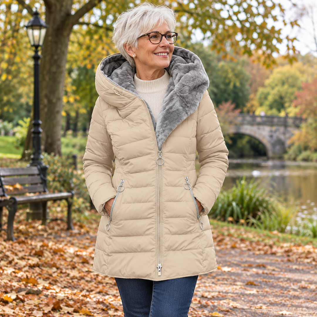 Phyllis Quilted Coat with Fur-Look Hood