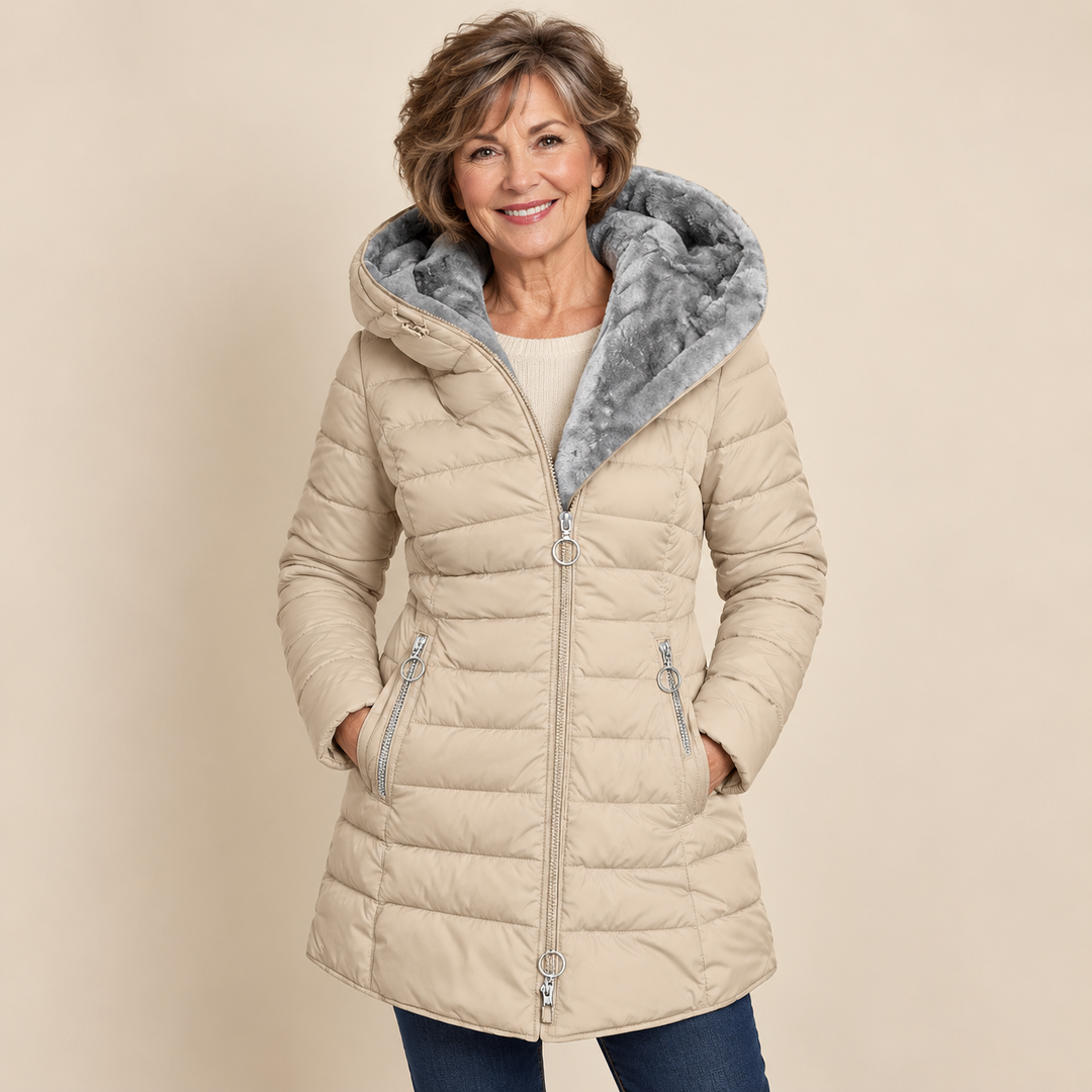 Phyllis Quilted Coat with Fur-Look Hood