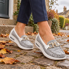 Jackie Gold Buckle Comfort Loafers worn out and about