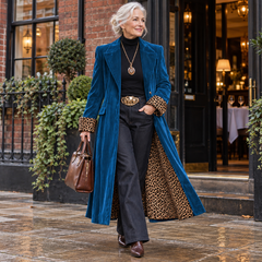 Jackie Long Velvet Coat with Leopard Lining in Petrol Blue, worn out and about