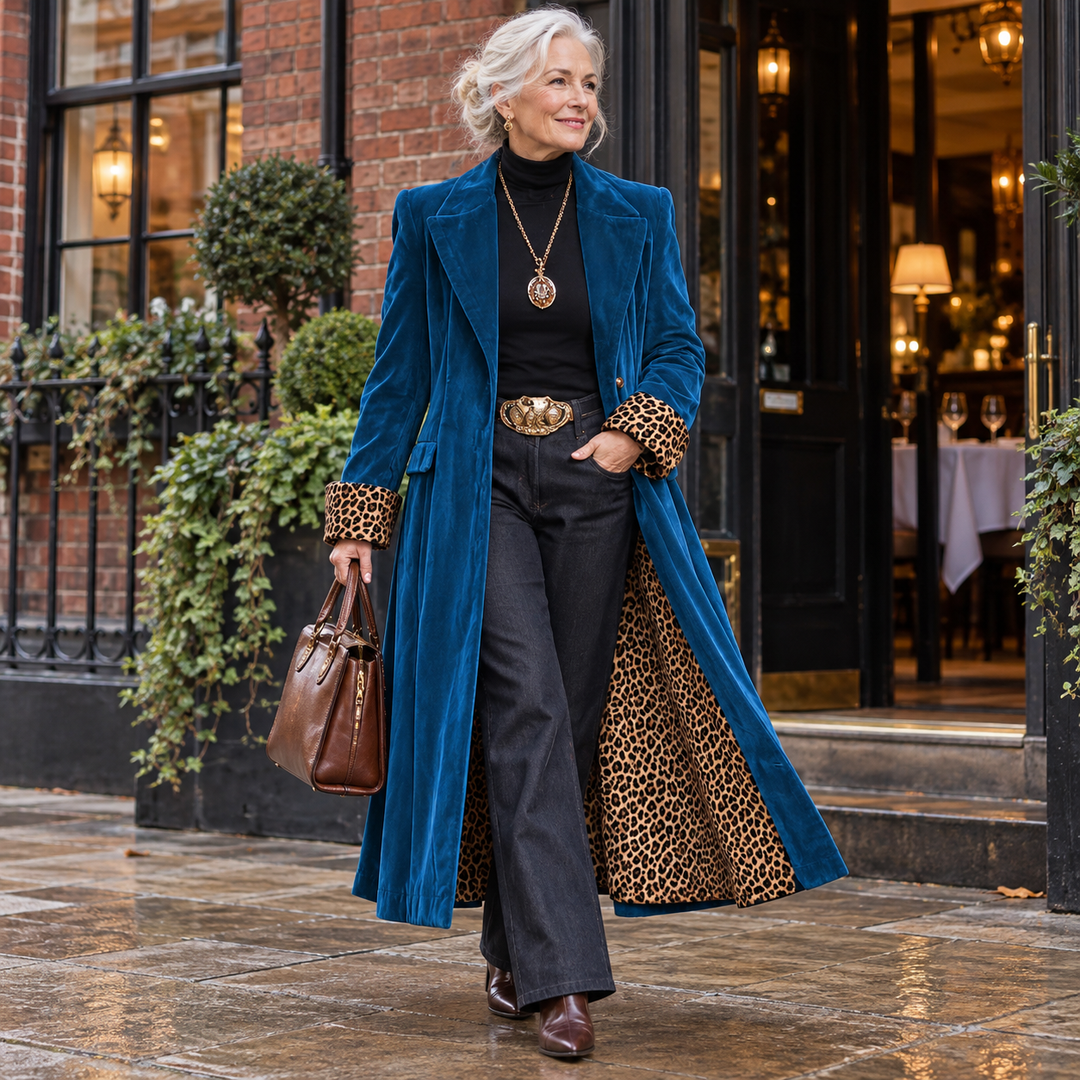 Jackie Long Velvet Coat with Leopard Lining in Petrol Blue, worn out and about