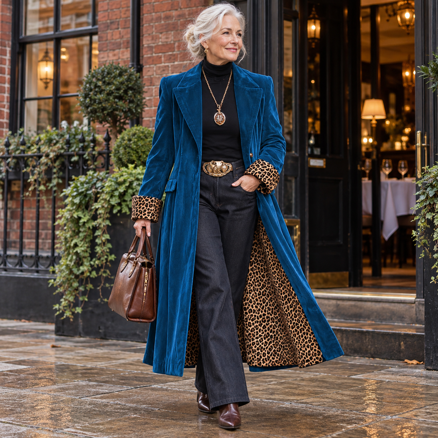 Jackie Long Velvet Coat with Leopard Lining in Petrol Blue, worn out and about