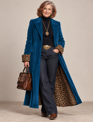 Jackie Long Velvet Coat with Leopard Lining in Petrol Blue