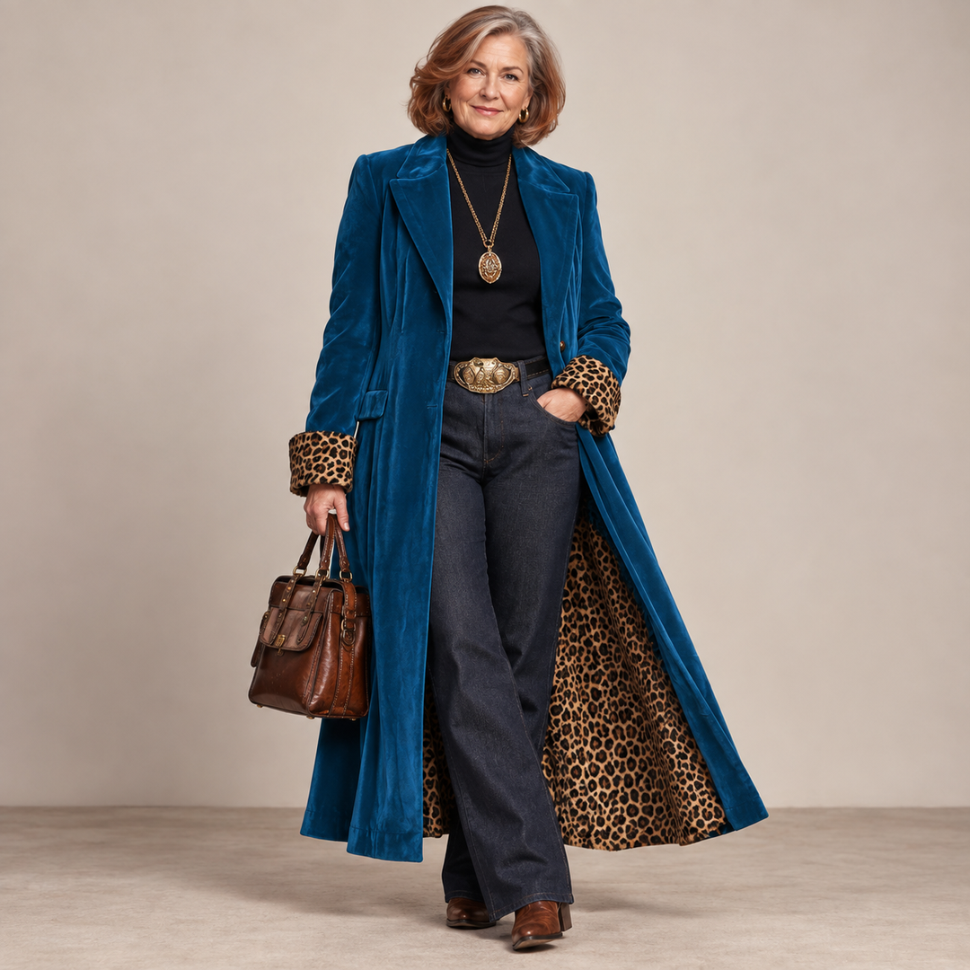 Jackie Long Velvet Coat with Leopard Lining in Petrol Blue