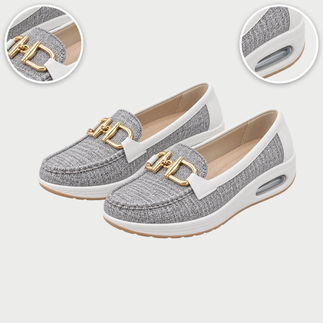 Jackie Gold Buckle Comfort Loafers, with close-ups of the details