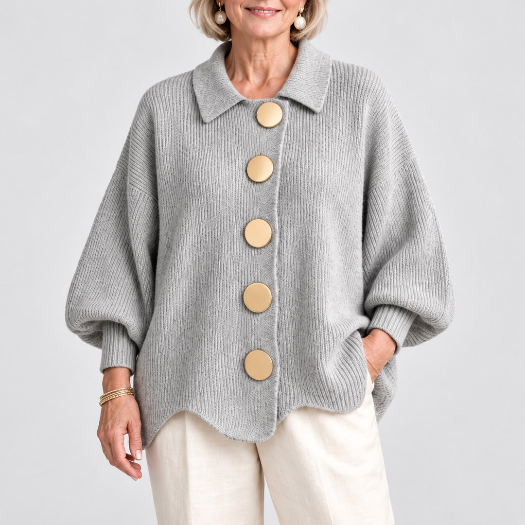 Close-up of the Jacqueline Collared Gold Button Knit Cardigan in Grey