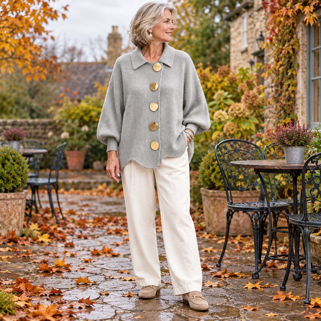 A woman wearing the Jacqueline Collared Gold Button Knit Cardigan in Grey