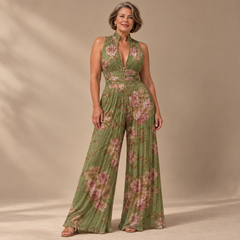 Jacqueline Pleated Floral Wide-Leg Jumpsuit in Green - studio