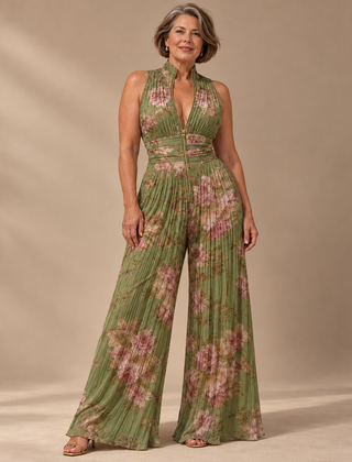 Jacqueline Pleated Floral Wide-Leg Jumpsuit in Green - studio
