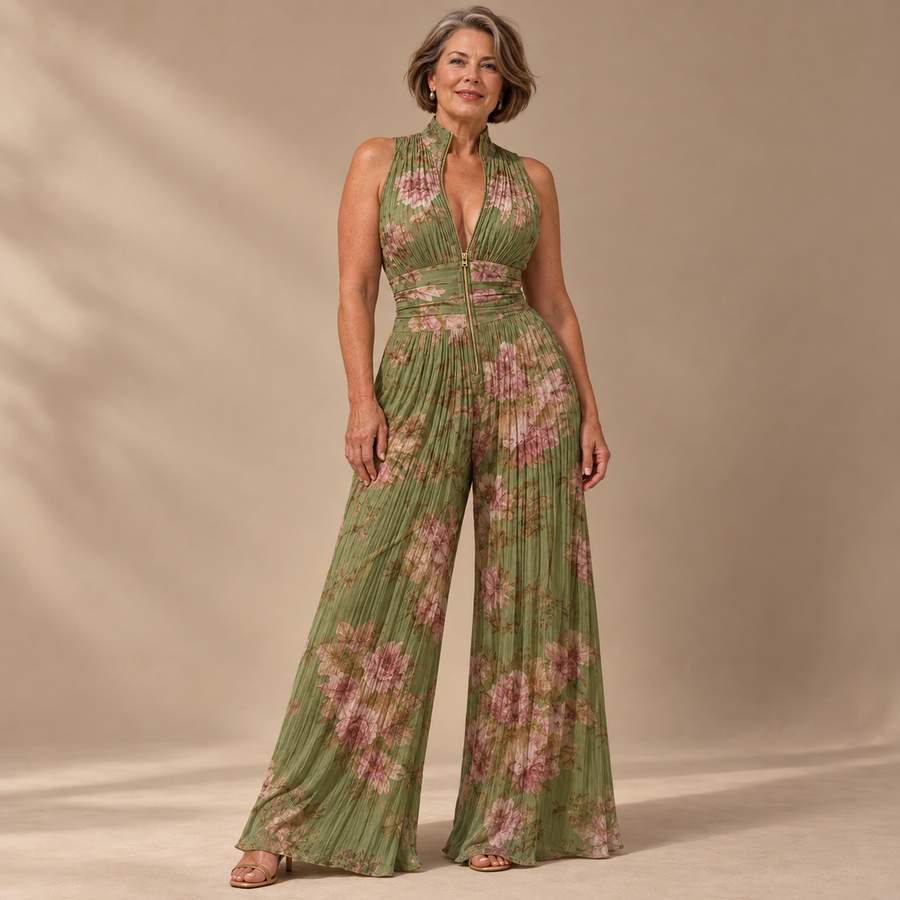 Jacqueline Pleated Floral Wide-Leg Jumpsuit in Green - studio