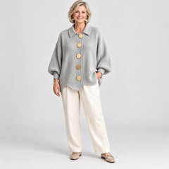 The Jacqueline Collared Gold Button Knit Cardigan in Grey