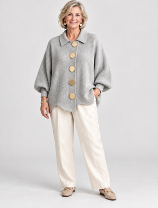 The Jacqueline Collared Gold Button Knit Cardigan in Grey