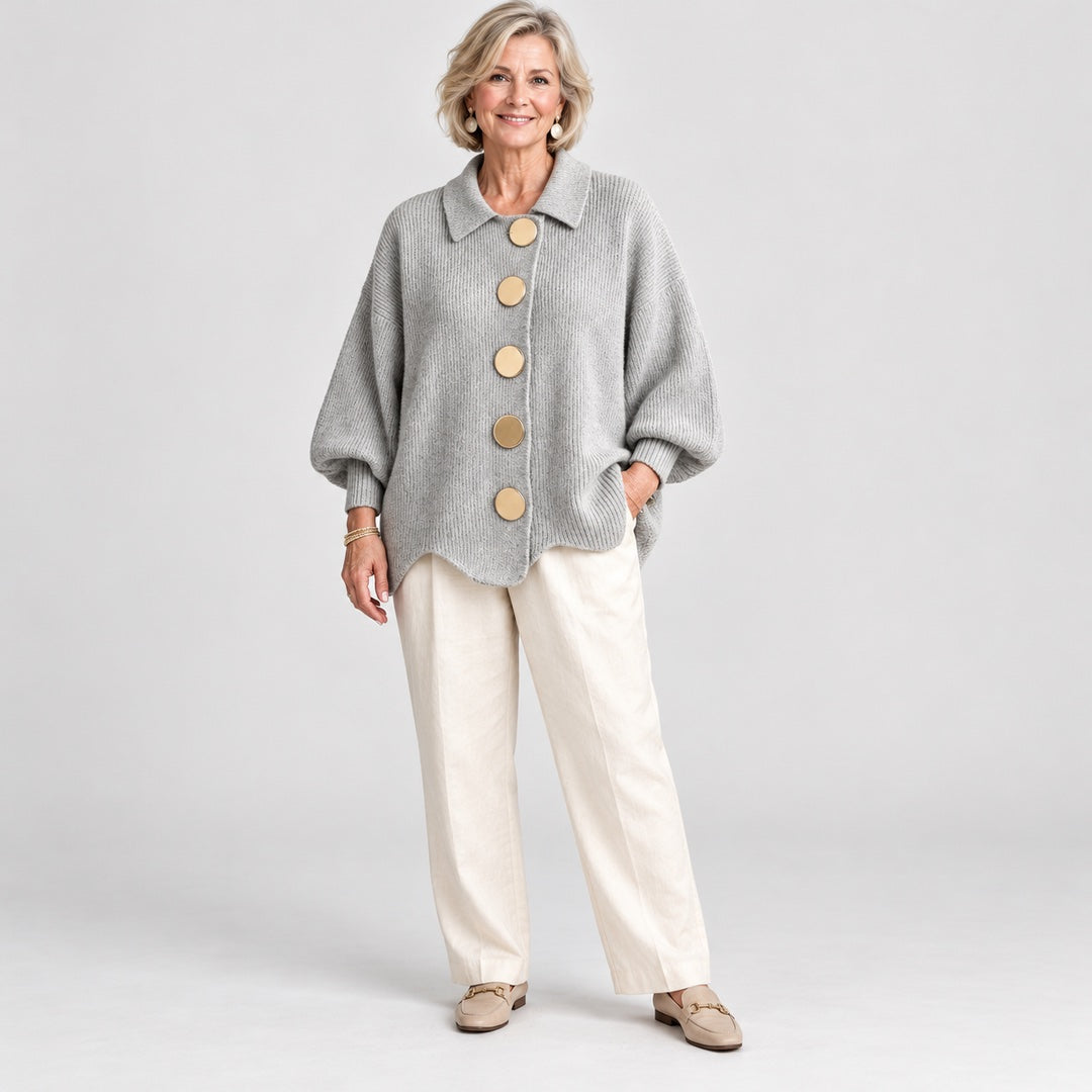 The Jacqueline Collared Gold Button Knit Cardigan in Grey