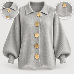 The Jacqueline Collared Gold Button Knit Cardigan in Grey, with close-ups of the details