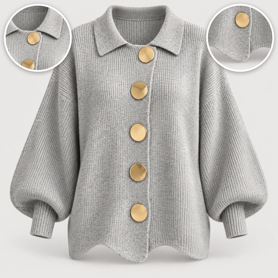 The Jacqueline Collared Gold Button Knit Cardigan in Grey, with close-ups of the details
