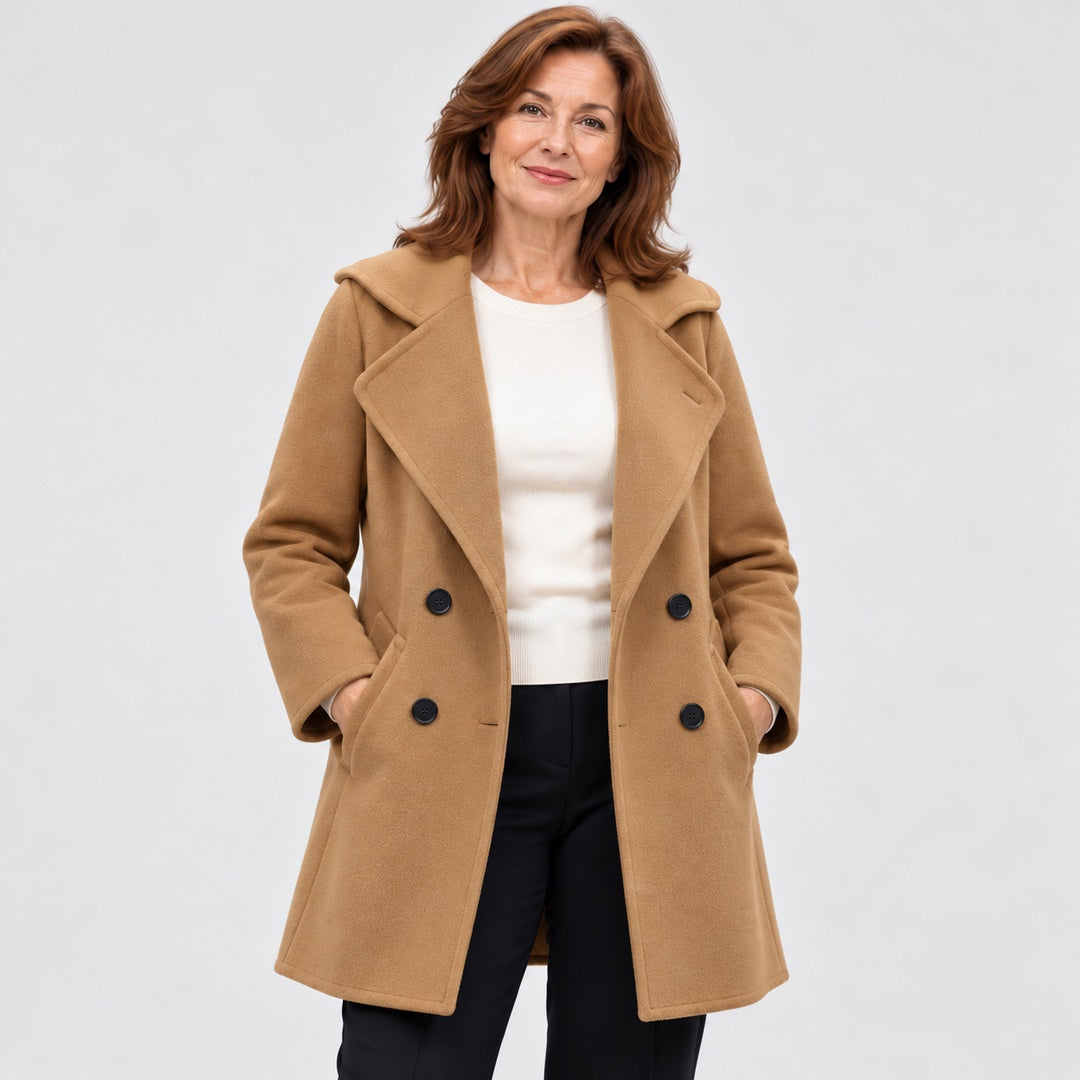 Close-up of the Jacqui Relaxed Double Breasted Coat in Camel