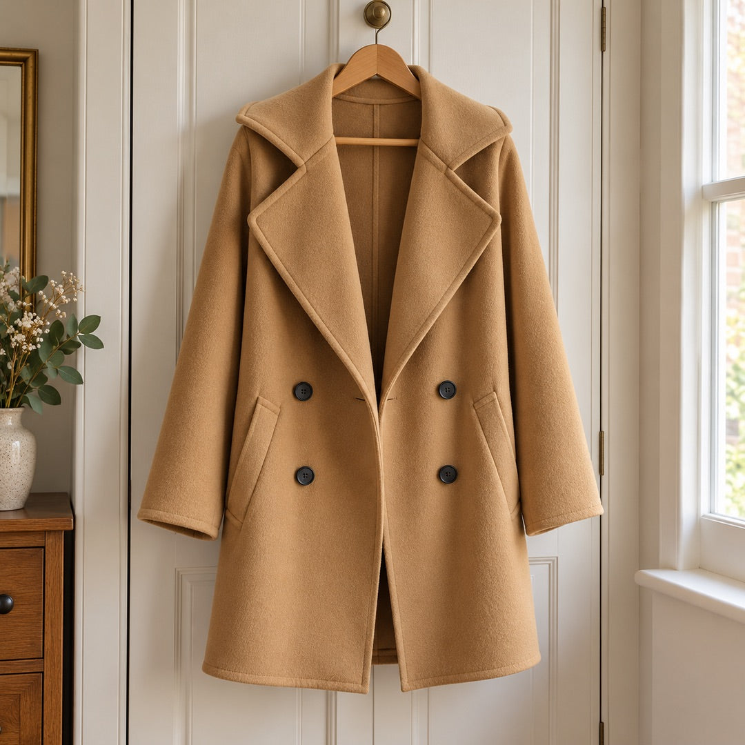 The Jacqui Relaxed Double Breasted Coat in Camel on a hanger