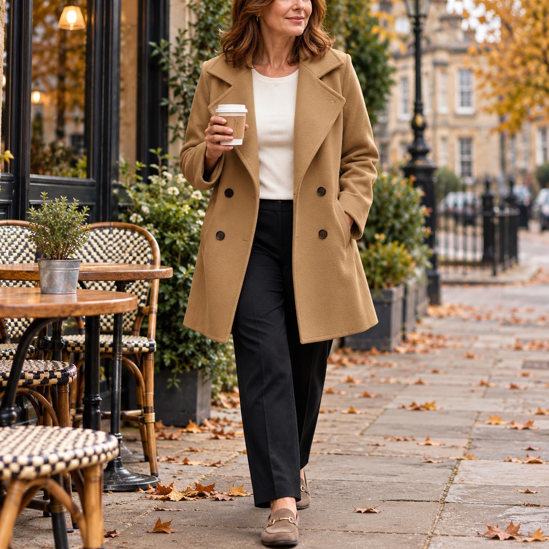 A woman wearing the Jacqui Relaxed Double Breasted Coat in Camel