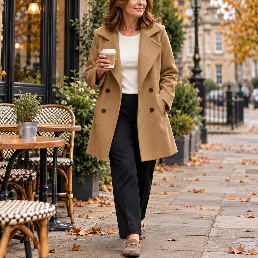 A woman wearing the Jacqui Relaxed Double Breasted Coat in Camel