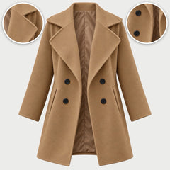 The Jacqui Relaxed Double Breasted Coat in Camel, with close-ups of the details