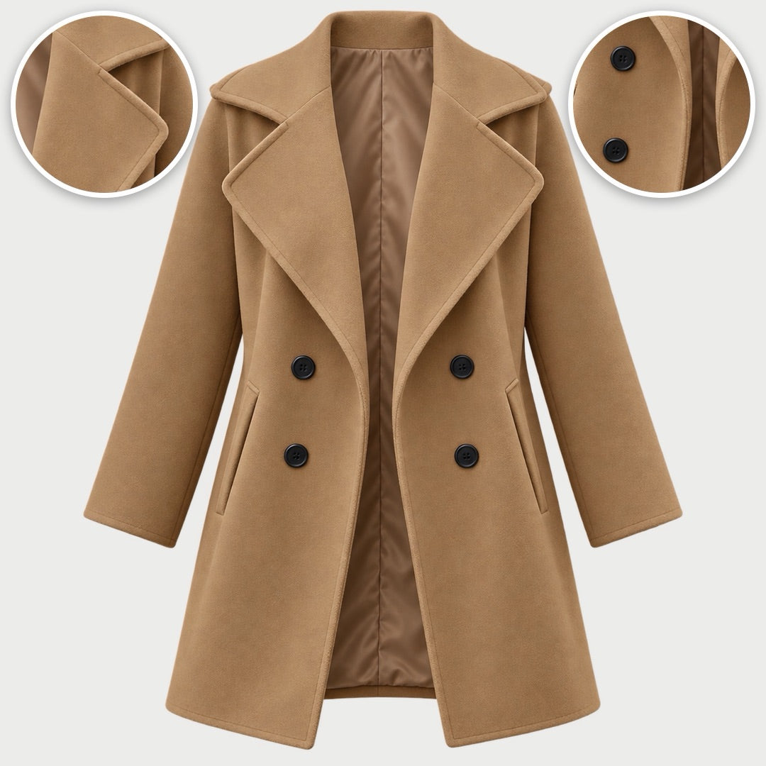 The Jacqui Relaxed Double Breasted Coat in Camel, with close-ups of the details
