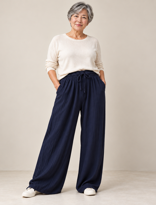 Jan Relaxed Wide-Leg Drawstring Trousers in Navy
