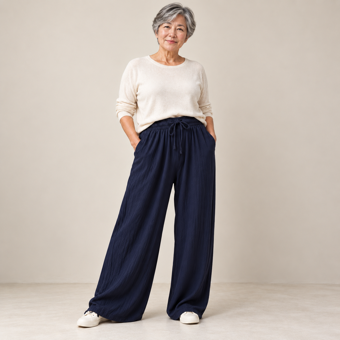 Jan Relaxed Wide-Leg Drawstring Trousers in Navy